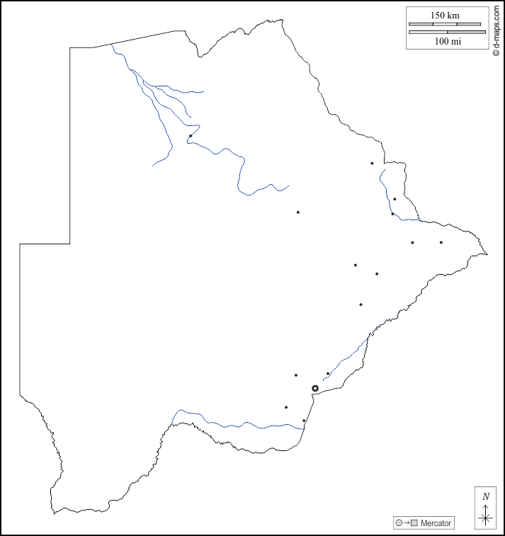 Botswana : d-maps.com: Kostenlose Karten, kostenlose stumme Karte, kostenlose unausgefüllt Landkarte, kostenlose hochauflösende Umrisskarte : Umrisse, Hydrografie, Wichtige Städte, weiß