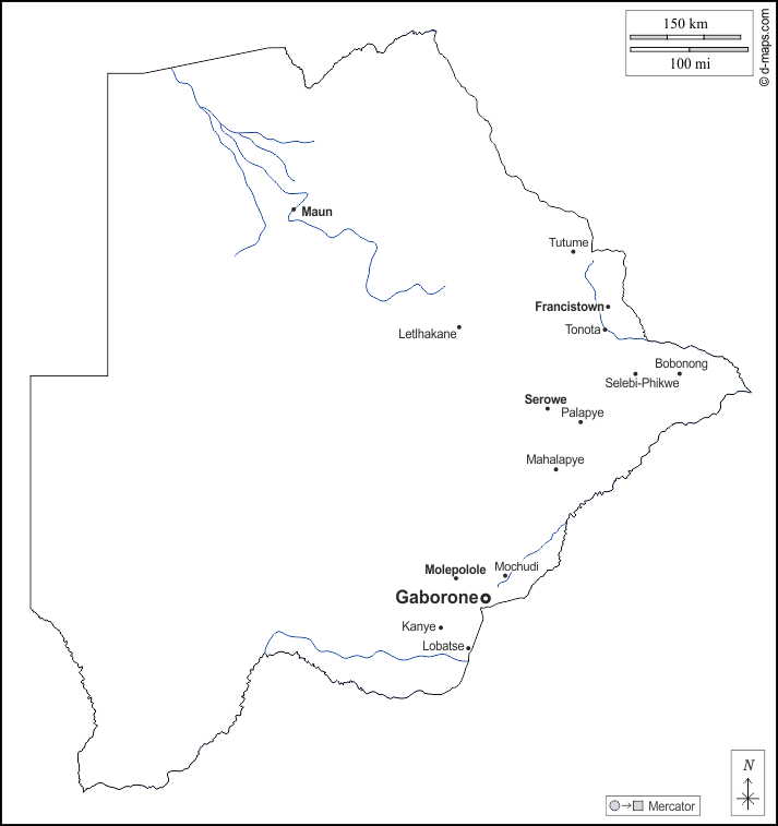 Botswana : d-maps.com: mappa gratuita, mappa muta gratuita, cartina muta gratuita : contorni, idrografia, principali città, nomi, bianco