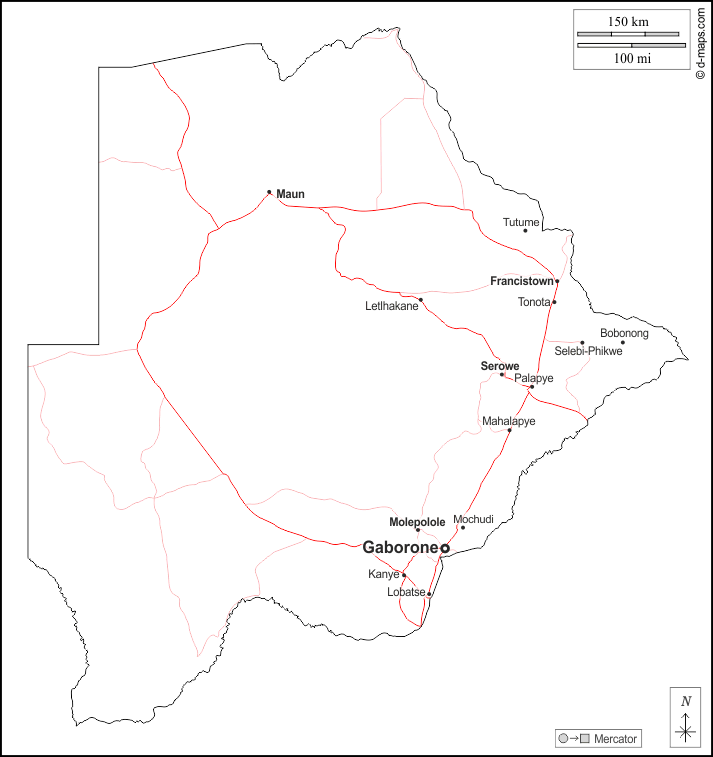 Botswana : d-maps.com: mappa gratuita, mappa muta gratuita, cartina muta gratuita : contorni, principali città, strade, nomi, bianco