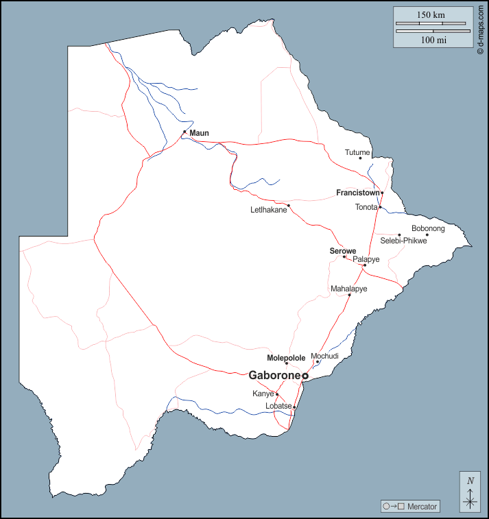 Botswana : d-maps.com: mappa gratuita, mappa muta gratuita, cartina muta gratuita : contorni, idrografia, principali città, strade, nomi
