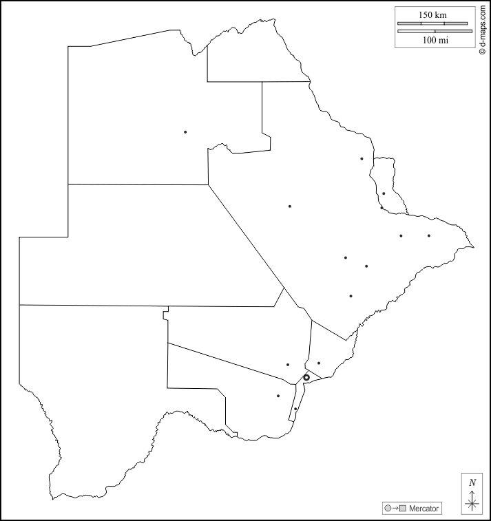 Botswana : d-maps.com: mappa gratuita, mappa muta gratuita, cartina muta gratuita : contorni, distretti, principali città, bianco
