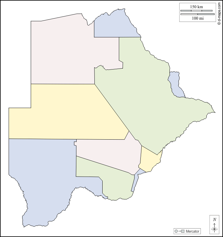 Botswana : d-maps.com: Kostenlose Karten, kostenlose stumme Karte, kostenlose unausgefüllt Landkarte, kostenlose hochauflösende Umrisskarte : Umrisse, Bezirke, Farbe, weiß
