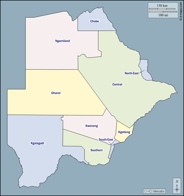 Botswana : d-maps.com: mappa gratuita, mappa muta gratuita, cartina muta gratuita : contorni, distretti, nomi, colore