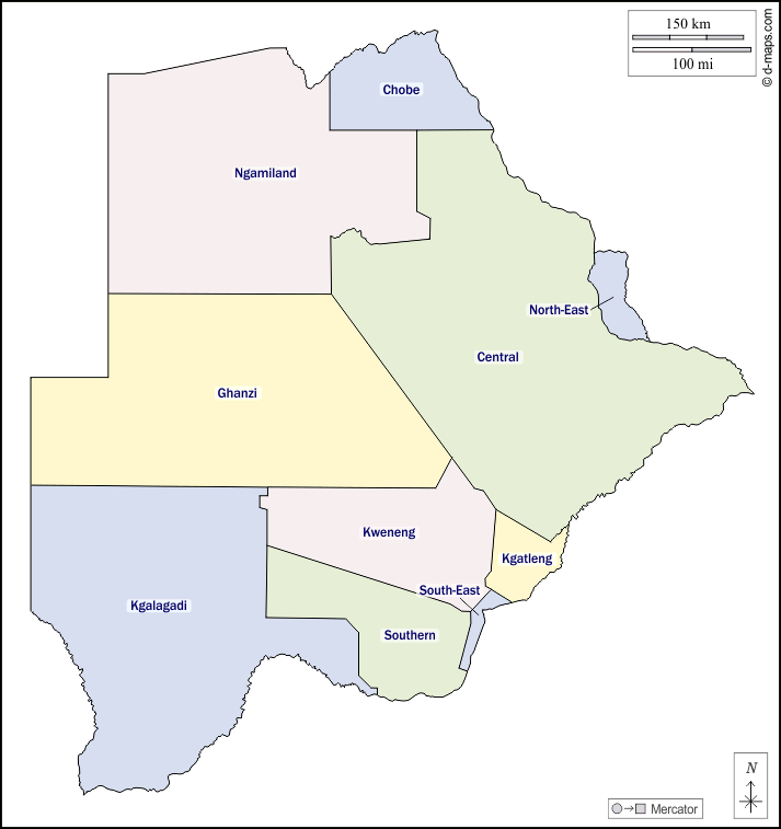 Botswana : d-maps.com: mappa gratuita, mappa muta gratuita, cartina muta gratuita : contorni, distretti, nomi, colore, bianco