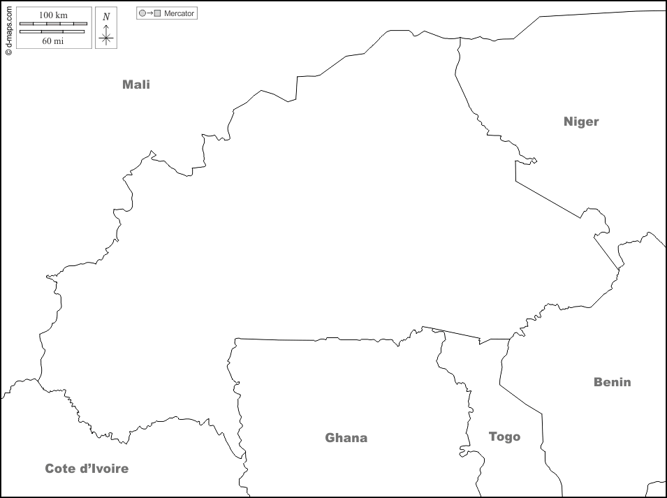 Burkina Faso : d-maps.com: mappa gratuita, mappa muta gratuita, cartina muta gratuita : frontiere, nomi, bianco