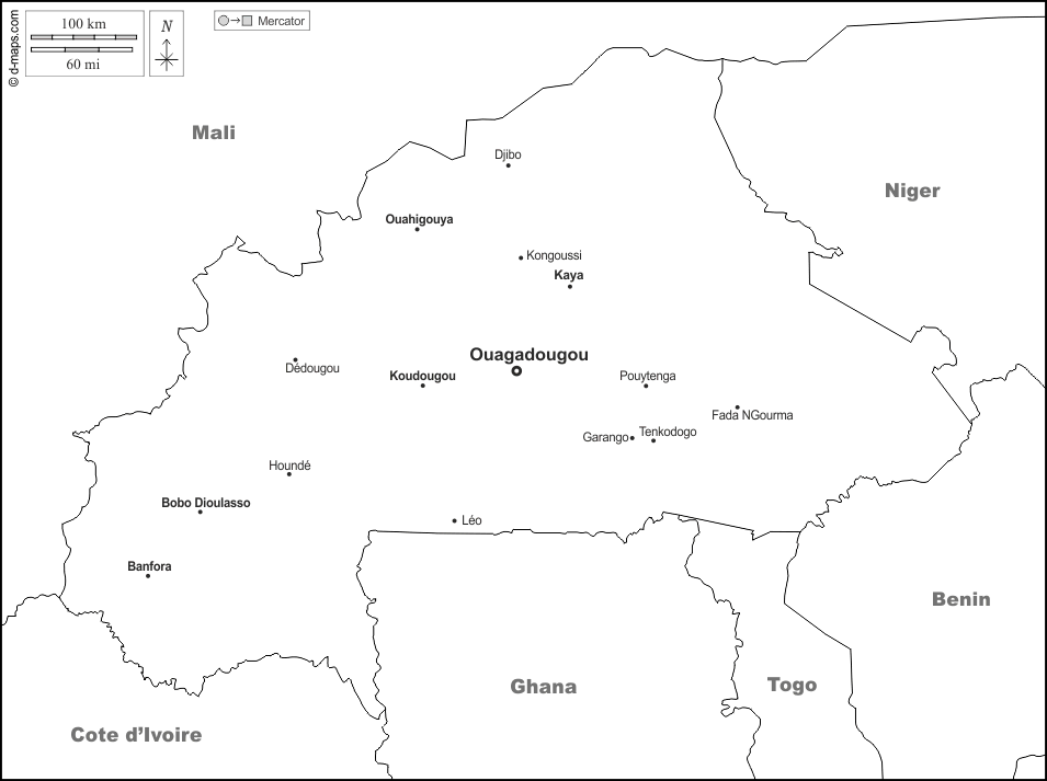 Burkina Faso : d-maps.com: Kostenlose Karten, kostenlose stumme Karte, kostenlose unausgefüllt Landkarte, kostenlose hochauflösende Umrisskarte : Grenzen, Wichtige Städte, Namen, weiß