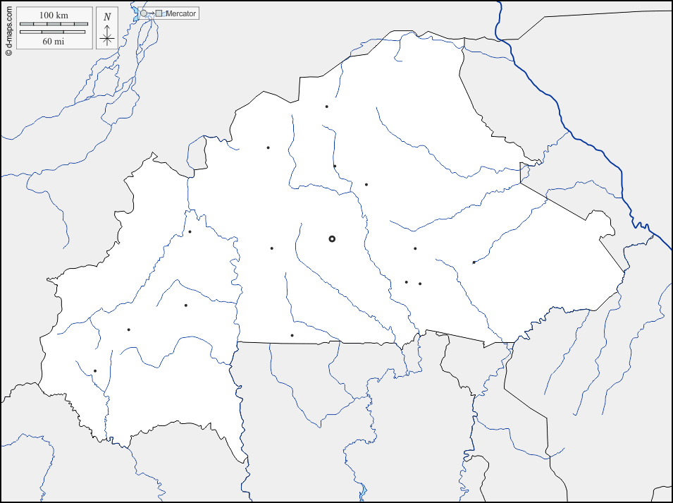 Burkina Faso : d-maps.com: Kostenlose Karten, kostenlose stumme Karte, kostenlose unausgefüllt Landkarte, kostenlose hochauflösende Umrisskarte : Grenzen, Hydrografie, Wichtige Städte