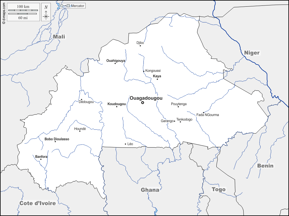 Burkina Faso : d-maps.com: mappa gratuita, mappa muta gratuita, cartina muta gratuita : frontiere, idrografia, principali città, nomi