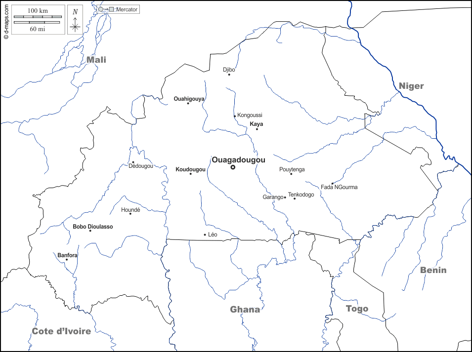 Burkina Faso : d-maps.com: mappa gratuita, mappa muta gratuita, cartina muta gratuita : frontiere, idrografia, principali città, nomi, bianco