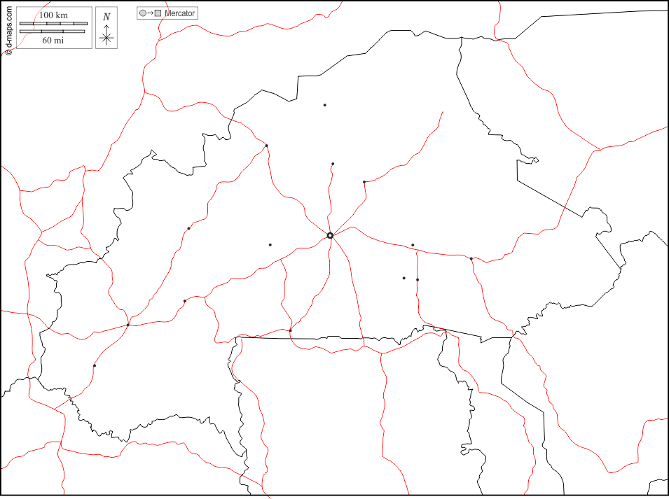 Burkina Faso : d-maps.com: Kostenlose Karten, kostenlose stumme Karte, kostenlose unausgefüllt Landkarte, kostenlose hochauflösende Umrisskarte : Grenzen, Wichtige Städte, Straßen, weiß