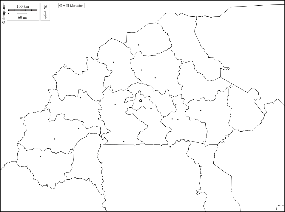 Burkina Faso : d-maps.com: mappa gratuita, mappa muta gratuita, cartina muta gratuita : frontiere, regioni, principali città, bianco