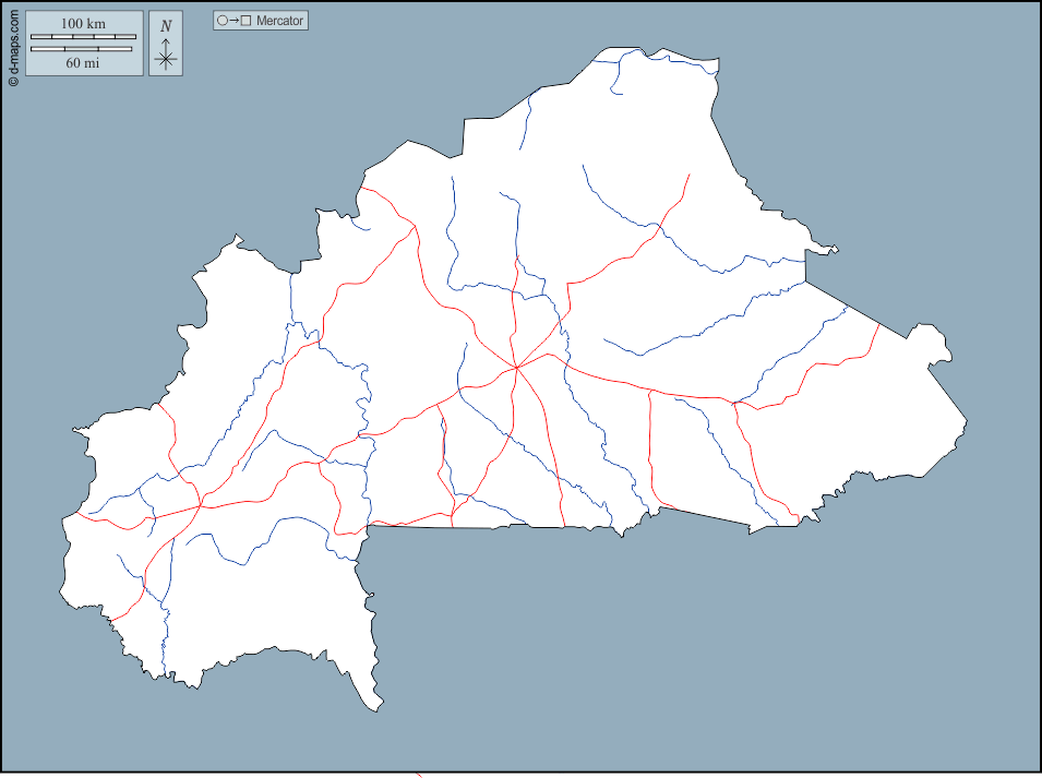 Burkina Faso : d-maps.com: mapa livre, mapa em branco livre, mapa livre do esboço, mapa básico livre
 : contornos, hidrografia, estradas