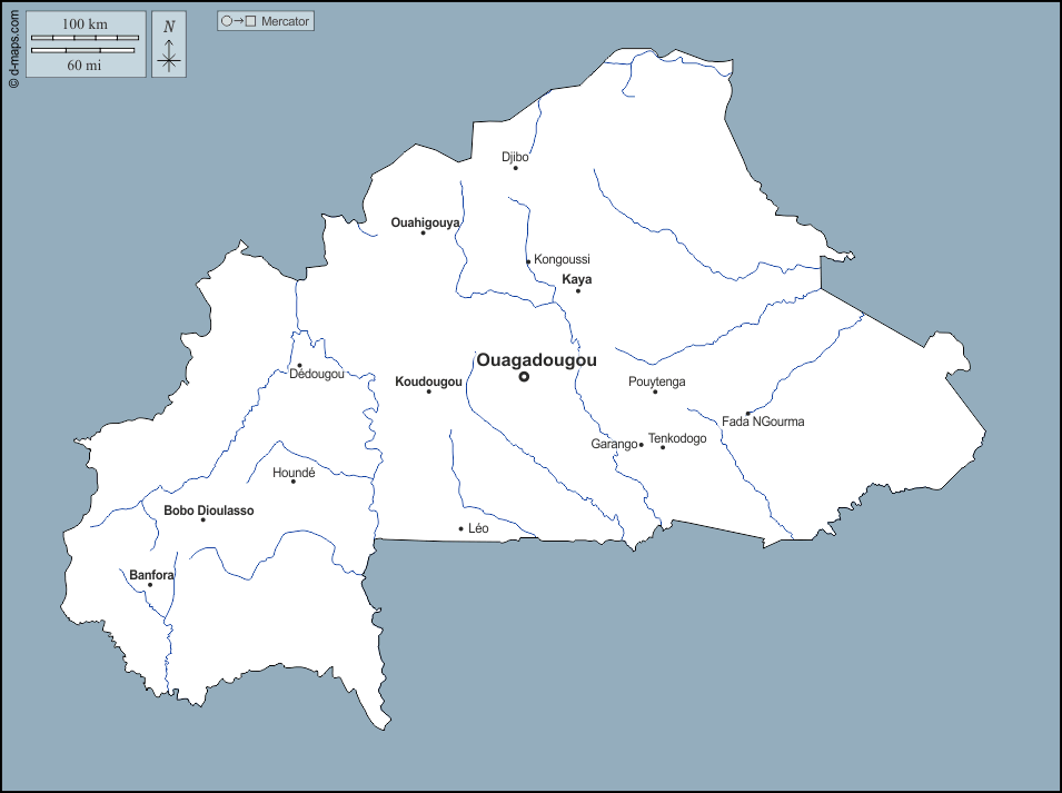 ブルキナファソ : d-maps.com: 無料地図, 無料の空の地図, 無料のアウトラインマップ, 無料のベースマップ
 : 輪郭, 川と湖, 主要都市, 名前