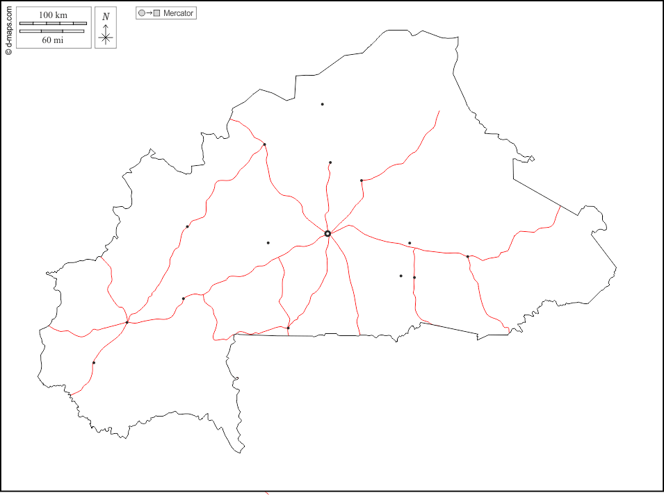 Burkina Faso : d-maps.com: mapa gratuito, mapa mudo gratuito, mapa en blanco gratuito, plantilla de mapa : contornos, principales ciudades, carreteras, blanco