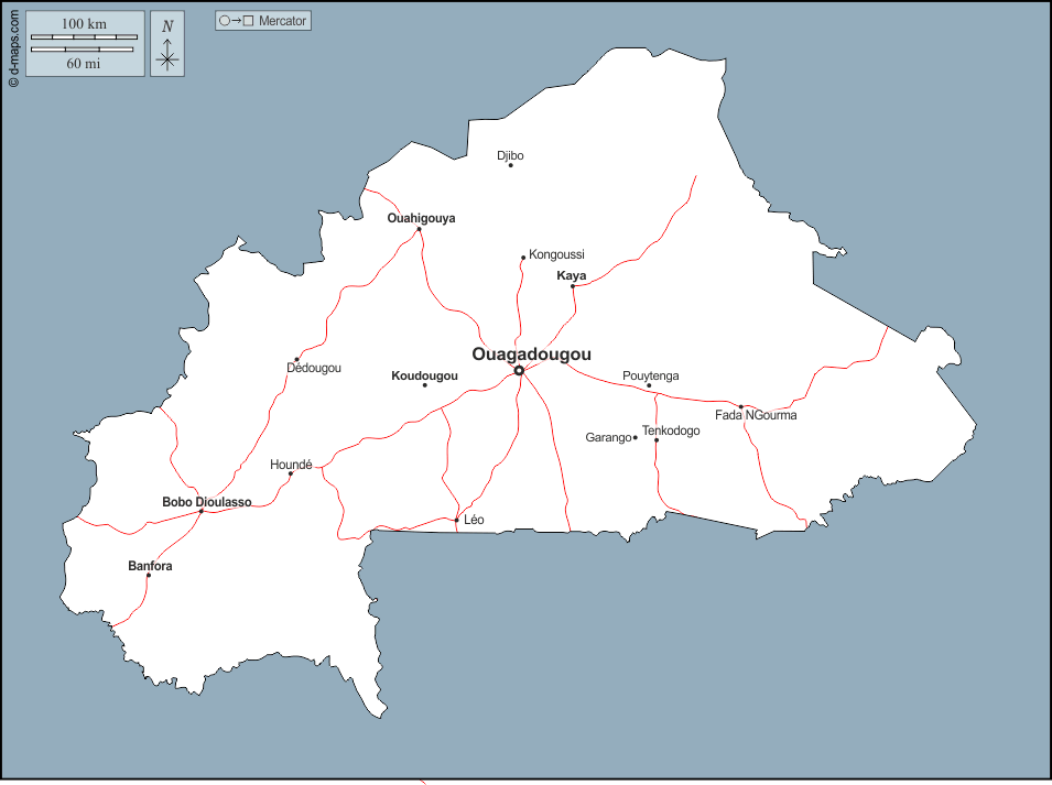 بوركينا فاصو : خريطة مجانية, خريطة خاليه من الفراغ, خريطة الخطوط العريضة, خريطة القاعدة الحرة
 : الخطوط العريضة, المدن الرئيسية, الطرق, أسماء