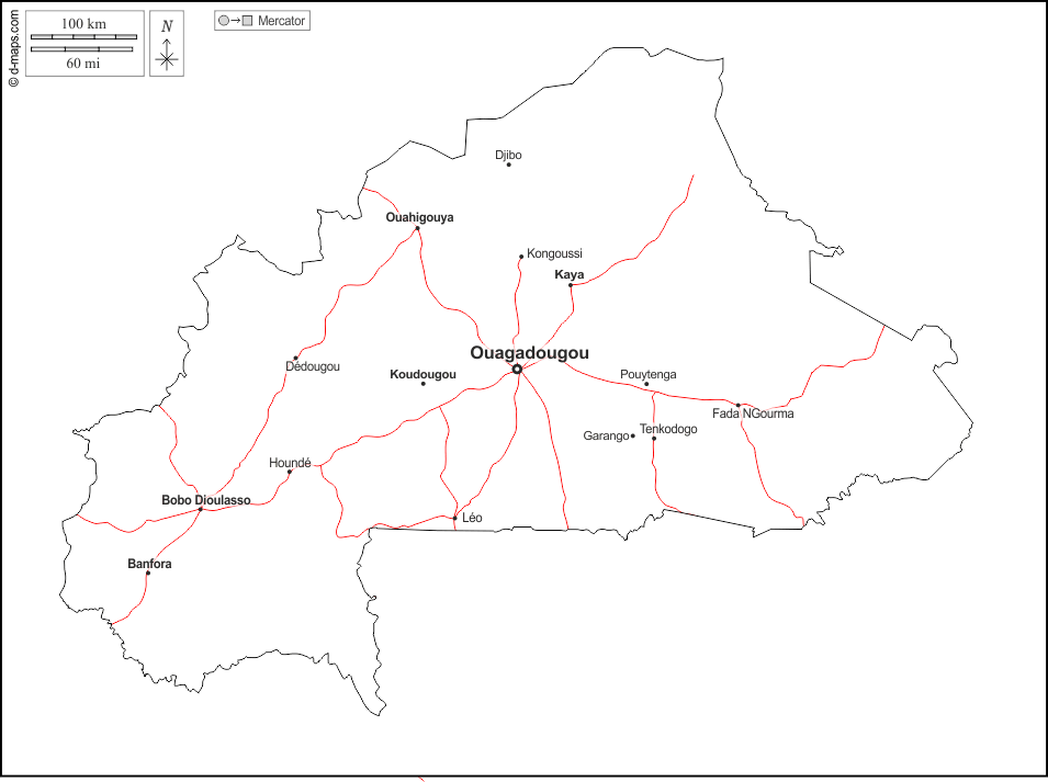 Burkina Faso : d-maps.com: carte géographique gratuite, carte géographique muette gratuite, carte vierge gratuite, fond de carte gratuit, formats graphiques courants : contours, principales villes, routes, noms, blanc