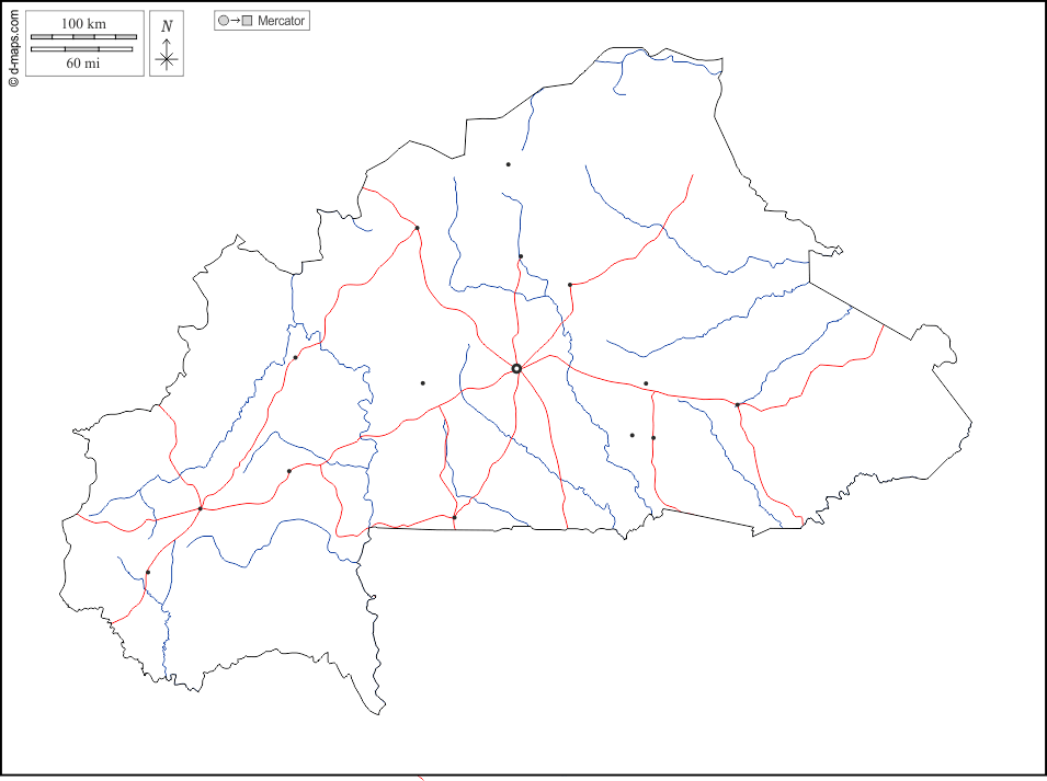 Burkina Faso : d-maps.com: mappa gratuita, mappa muta gratuita, cartina muta gratuita : contorni, idrografia, principali città, strade, bianco