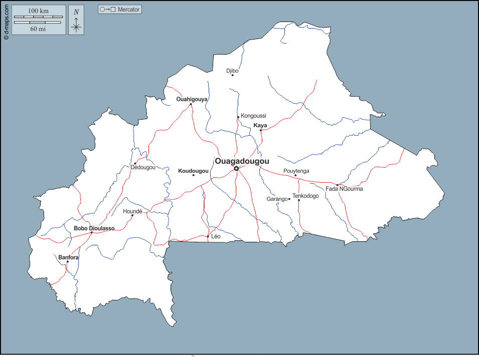 Burkina Faso : d-maps.com: mappa gratuita, mappa muta gratuita, cartina muta gratuita : contorni, idrografia, principali città, strade, nomi