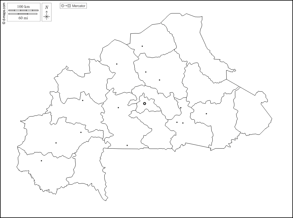 Burkina Faso : d-maps.com: mapa gratuito, mapa mudo gratuito, mapa en blanco gratuito, plantilla de mapa : contornos, regiones, principales ciudades, blanco