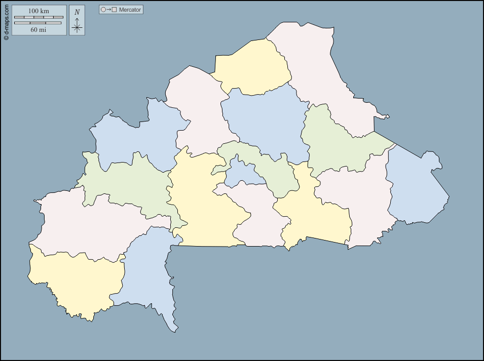 Burkina Faso : d-maps.com: mappa gratuita, mappa muta gratuita, cartina muta gratuita : contorni, regioni, colore