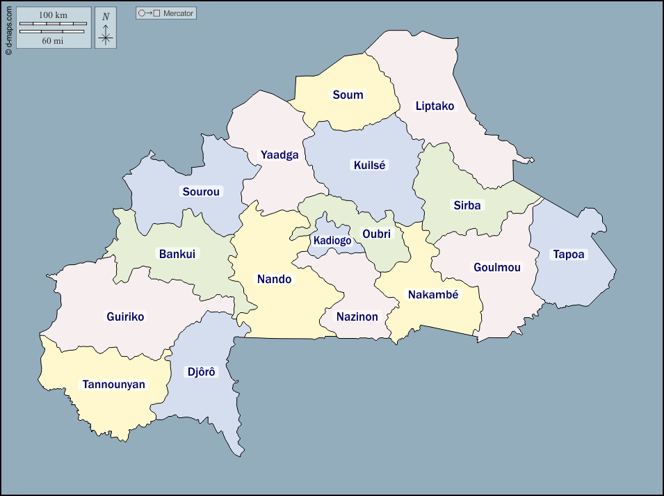 Burkina Faso : d-maps.com: mappa gratuita, mappa muta gratuita, cartina muta gratuita : contorni, regioni, nomi, colore