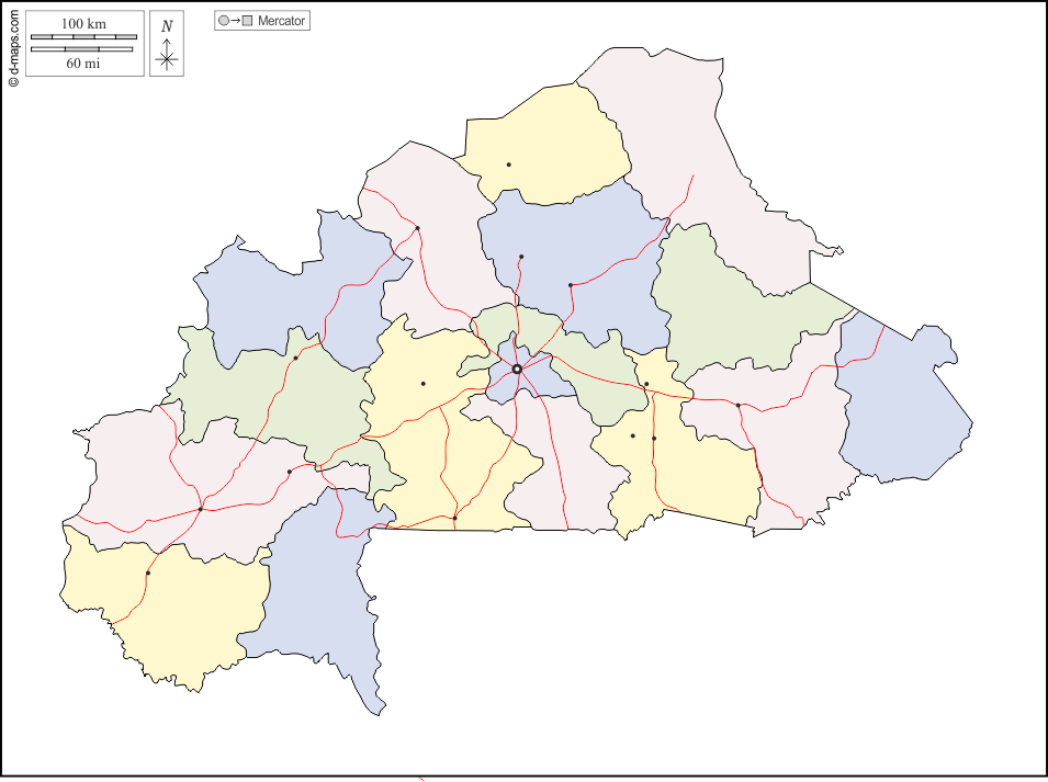 Burkina Faso : d-maps.com: mappa gratuita, mappa muta gratuita, cartina muta gratuita : contorni, regioni, principali città, strade, colore, bianco