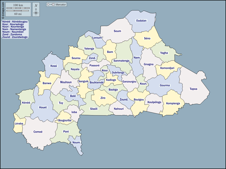 Burkina Faso : d-maps.com: mappa gratuita, mappa muta gratuita, cartina muta gratuita : contorni, province, nomi, colore
