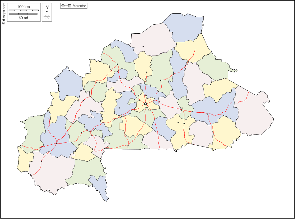 Burkina Faso : d-maps.com: mappa gratuita, mappa muta gratuita, cartina muta gratuita : contorni, province, principali città, strade, colore, bianco