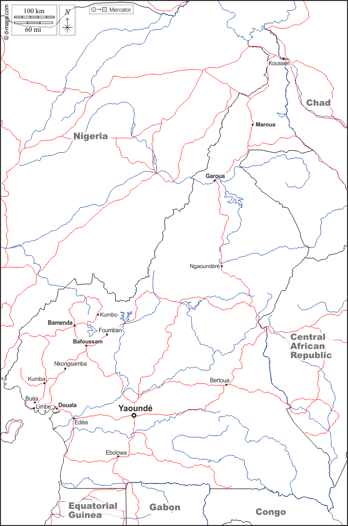 Kamerun : d-maps.com: Kostenlose Karten, kostenlose stumme Karte, kostenlose unausgefüllt Landkarte, kostenlose hochauflösende Umrisskarte : Grenzen, Hydrografie, Wichtige Städte, Straßen, Namen, weiß