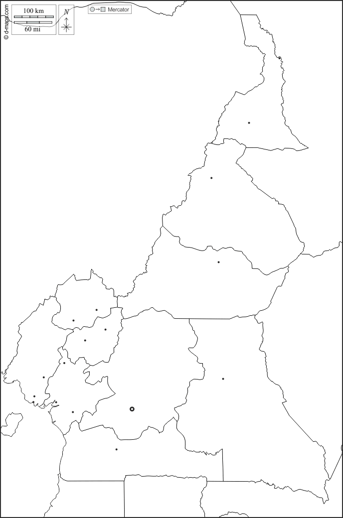 Camerun : d-maps.com: mappa gratuita, mappa muta gratuita, cartina muta gratuita : frontiere, province, principali città, bianco