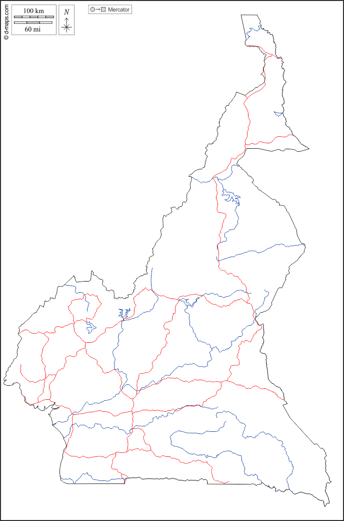 Camarões : d-maps.com: mapa livre, mapa em branco livre, mapa livre do esboço, mapa básico livre
 : contornos, hidrografia, estradas, branco