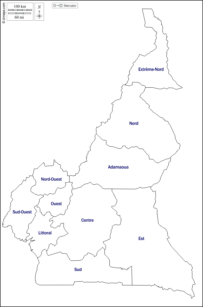 Cameroun : d-maps.com: carte géographique gratuite, carte géographique muette gratuite, carte vierge gratuite, fond de carte gratuit, formats graphiques courants : contours, provinces, noms, blanc