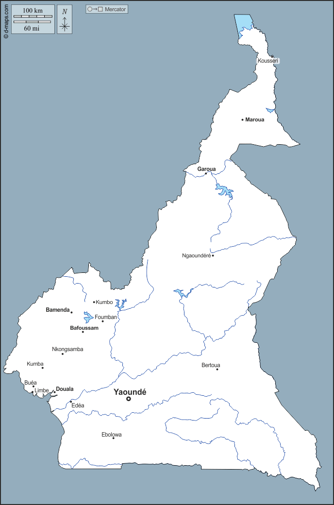 الكاميرون : خريطة مجانية, خريطة خاليه من الفراغ, خريطة الخطوط العريضة, خريطة القاعدة الحرة
 : الخطوط العريضة, هيدروغرافيا, المدن الرئيسية, أسماء