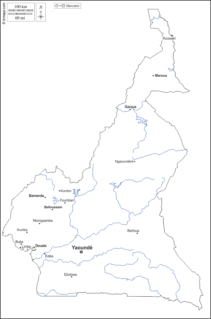Camerun : d-maps.com: mappa gratuita, mappa muta gratuita, cartina muta gratuita : contorni, idrografia, principali città, nomi, bianco