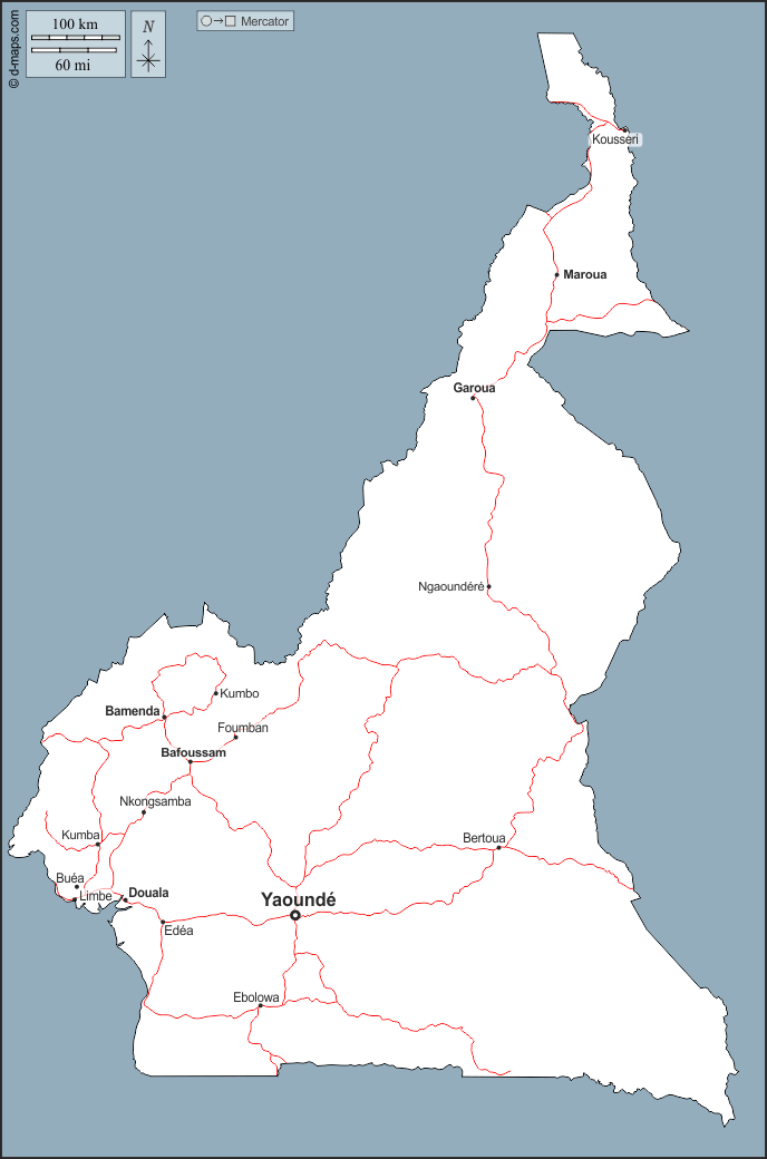 Camerun : d-maps.com: mappa gratuita, mappa muta gratuita, cartina muta gratuita : contorni, principali città, strade, nomi