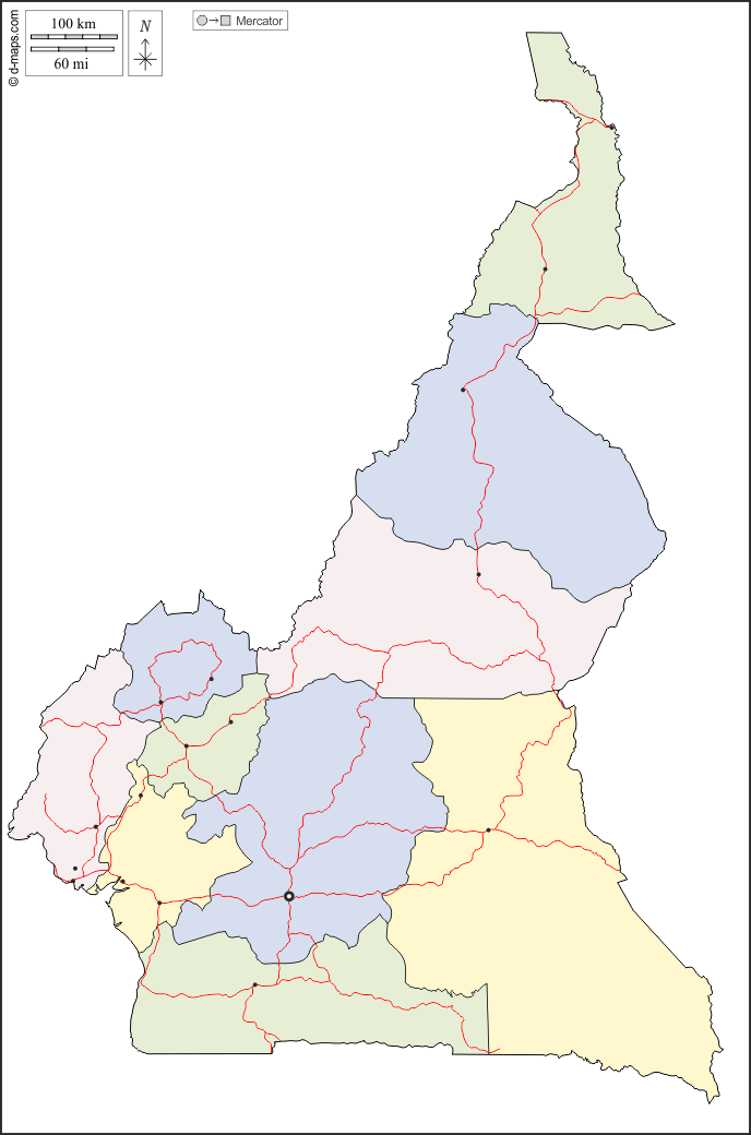 Camerun : d-maps.com: mappa gratuita, mappa muta gratuita, cartina muta gratuita : contorni, province, principali città, strade, colore, bianco