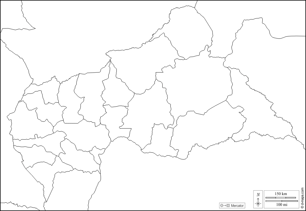 Repubblica Centrafricana : d-maps.com: mappa gratuita, mappa muta gratuita, cartina muta gratuita : frontiere, prefetture, bianco