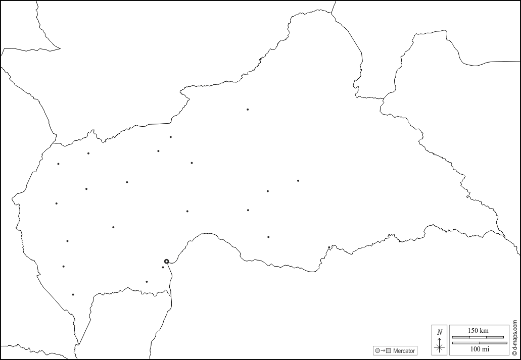 Repubblica Centrafricana : d-maps.com: mappa gratuita, mappa muta gratuita, cartina muta gratuita : frontiere, principali città, bianco