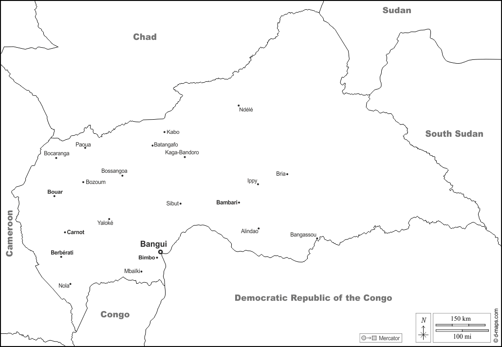Repubblica Centrafricana : d-maps.com: mappa gratuita, mappa muta gratuita, cartina muta gratuita : frontiere, principali città, nomi, bianco