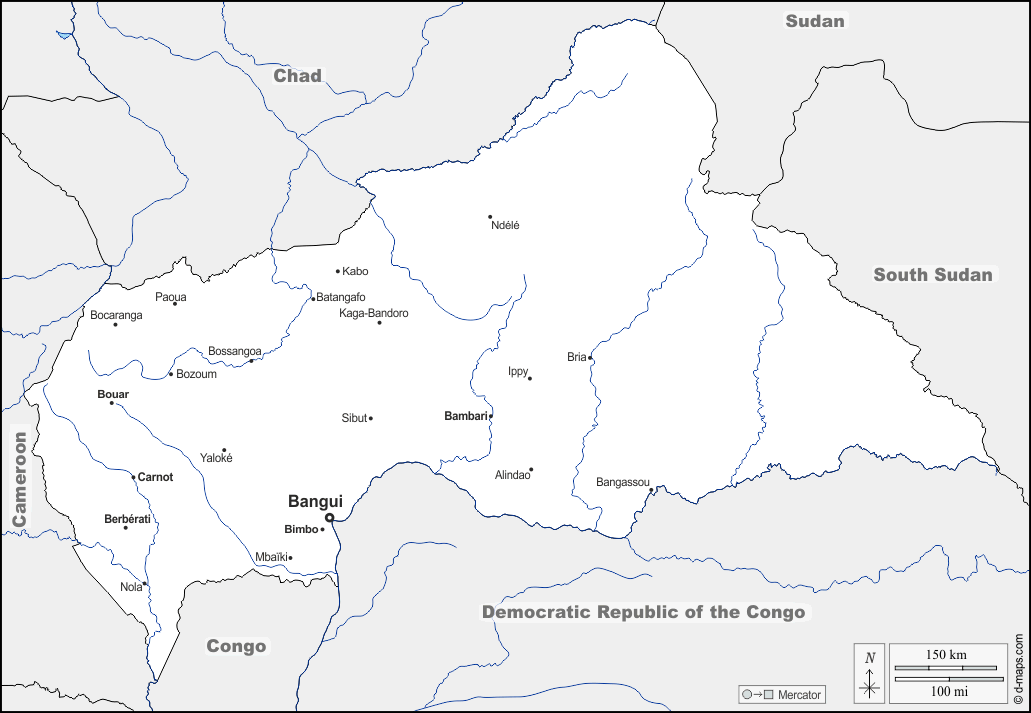 Repubblica Centrafricana : d-maps.com: mappa gratuita, mappa muta gratuita, cartina muta gratuita : frontiere, idrografia, principali città, nomi