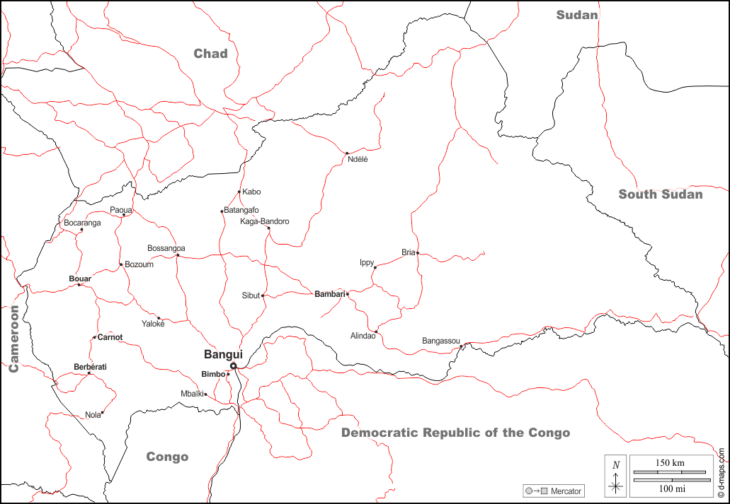 Repubblica Centrafricana : d-maps.com: mappa gratuita, mappa muta gratuita, cartina muta gratuita : frontiere, principali città, strade, nomi, bianco