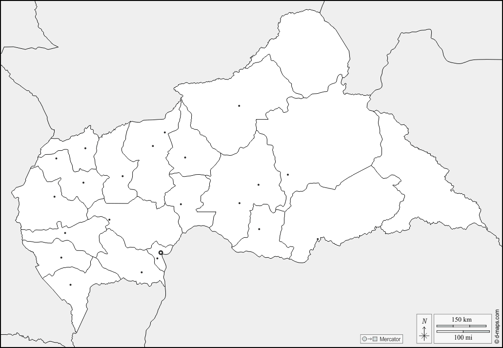 Repubblica Centrafricana : d-maps.com: mappa gratuita, mappa muta gratuita, cartina muta gratuita : frontiere, prefetture, principali città