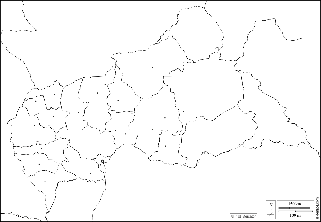 Repubblica Centrafricana : d-maps.com: mappa gratuita, mappa muta gratuita, cartina muta gratuita : frontiere, prefetture, principali città, bianco