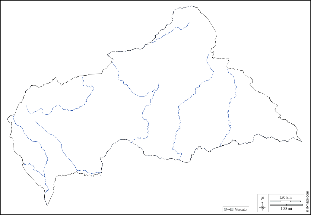 Repubblica Centrafricana : d-maps.com: mappa gratuita, mappa muta gratuita, cartina muta gratuita : contorni, idrografia, bianco