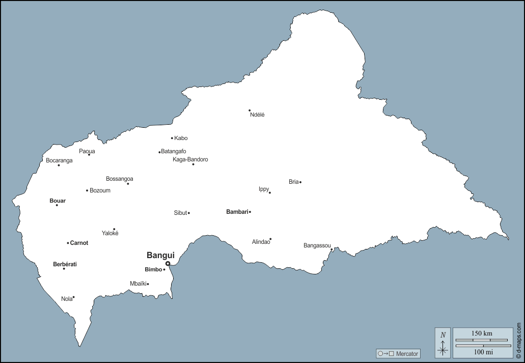 Central African Republic : d-maps.com: free map, free blank map, free outline map, free base map : outline, main cities, names
