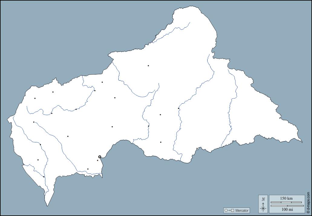 République centrafricaine : d-maps.com: carte géographique gratuite, carte géographique muette gratuite, carte vierge gratuite, fond de carte gratuit, formats graphiques courants : contours, hydrographie, principales villes