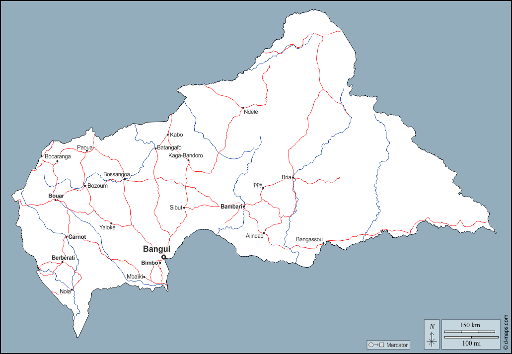 Repubblica Centrafricana : d-maps.com: mappa gratuita, mappa muta gratuita, cartina muta gratuita : contorni, idrografia, principali città, strade, nomi