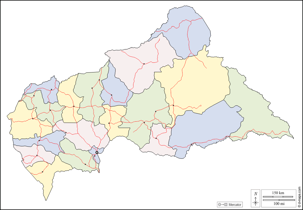 Repubblica Centrafricana : d-maps.com: mappa gratuita, mappa muta gratuita, cartina muta gratuita : contorni, prefetture, principali città, strade, colore, bianco