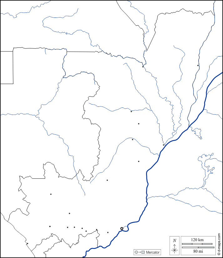 Kongo : d-maps.com: Kostenlose Karten, kostenlose stumme Karte, kostenlose unausgefüllt Landkarte, kostenlose hochauflösende Umrisskarte : Grenzen, Hydrografie, Wichtige Städte, weiß
