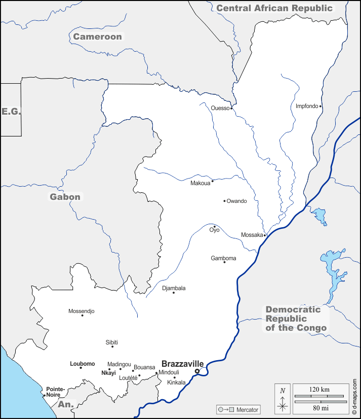 Congo : d-maps.com: mappa gratuita, mappa muta gratuita, cartina muta gratuita : frontiere, idrografia, principali città, nomi